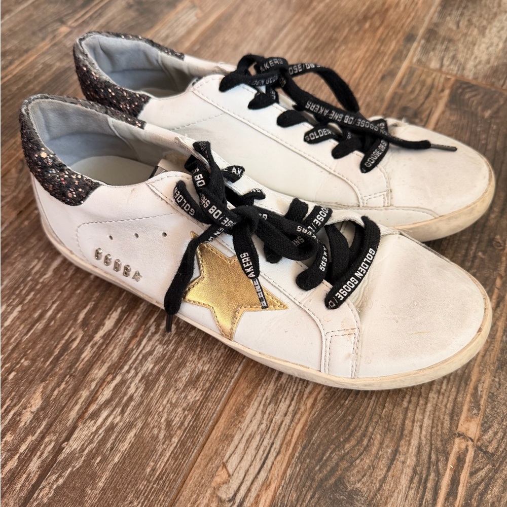 Golden Goose White Sneakers with Gold Star and Black Laces
